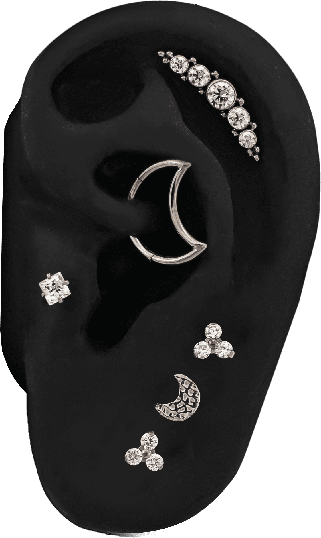 Lonra Curated Ear. Designed with Titanium Ends & A Crescent Hinged Ring.
