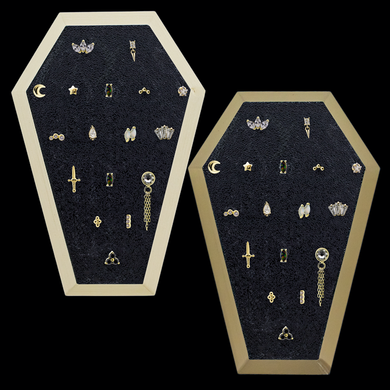 Coffin Golden Trim Display w/ 14kt Gold Threadless Ends - Khrysos Jewelry