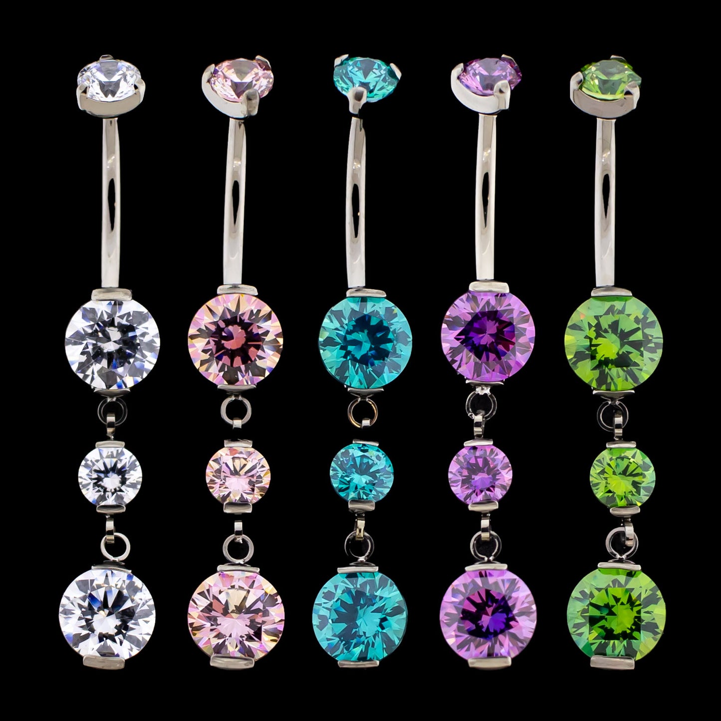 Aveline – Titanium Triple Zirconia Dangle Navel Ring - Khrysos Jewelry