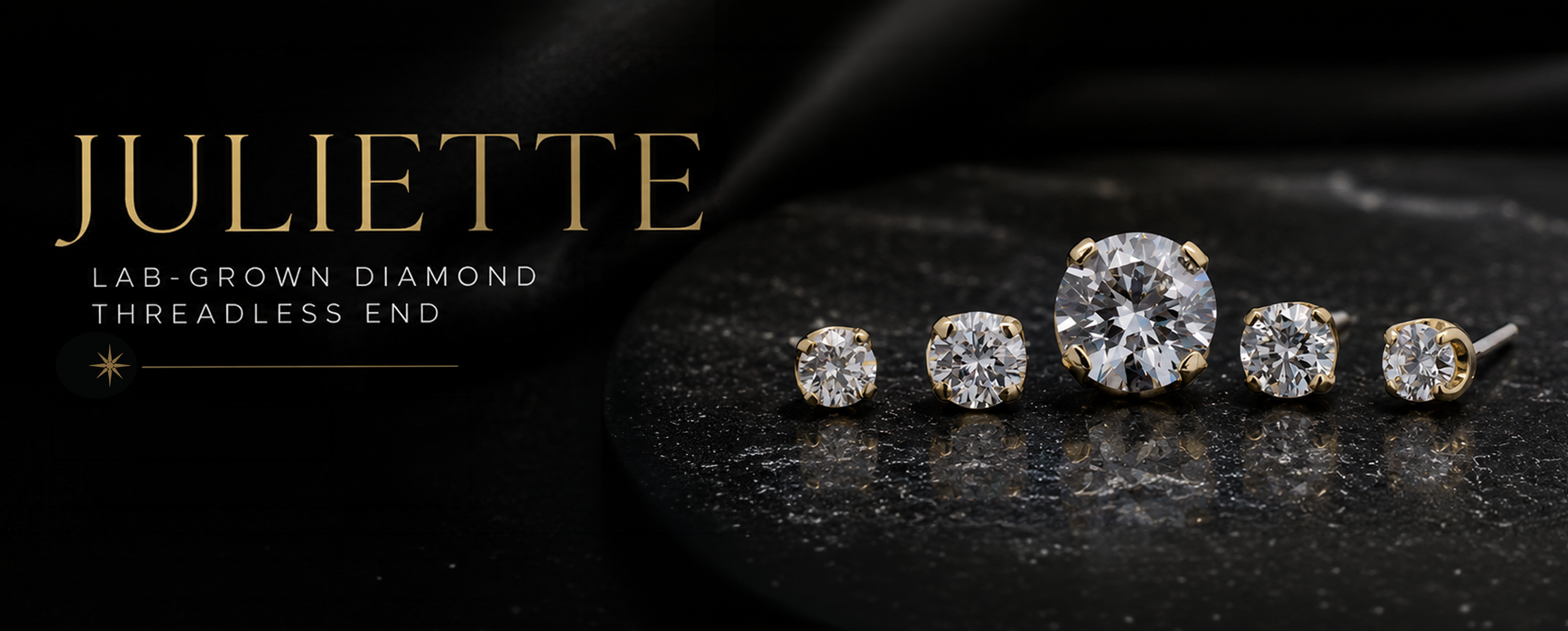 14kt gold prong set round lab grown diamond shaped threadless ends in different sizes on black marble background