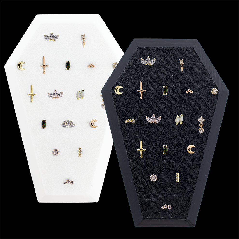 Coffin Shaped Display w/ 14kt Gold Threadless Ends - Khrysos Jewelry