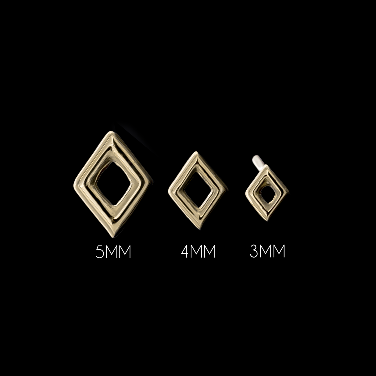 Gold threadless end size comparison: 3mm, 4mm and 5mm