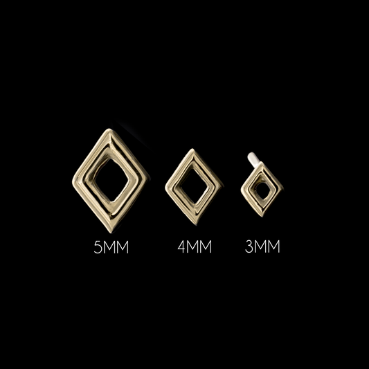 Gold threadless end size comparison: 3mm, 4mm and 5mm