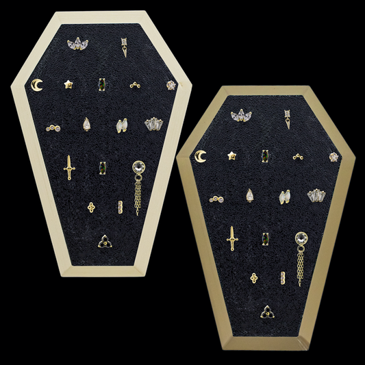 Coffin Golden Trim Display w/ 14kt Gold Threadless Ends - Khrysos Jewelry