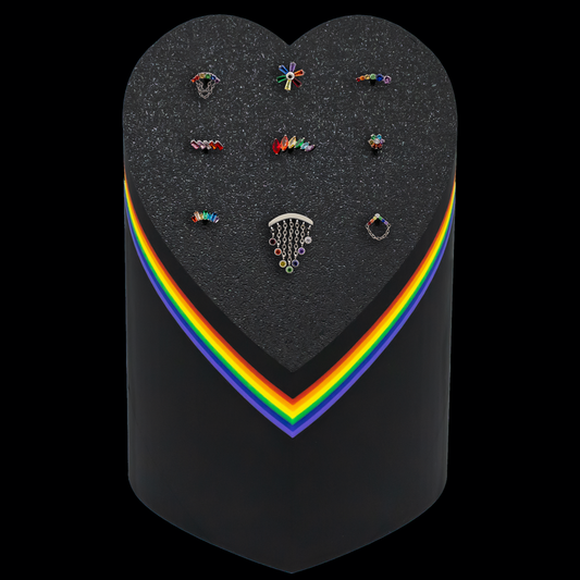 9 Post Rainbow Heart Display w/ Threadless Ends - Khrysos Jewelry
